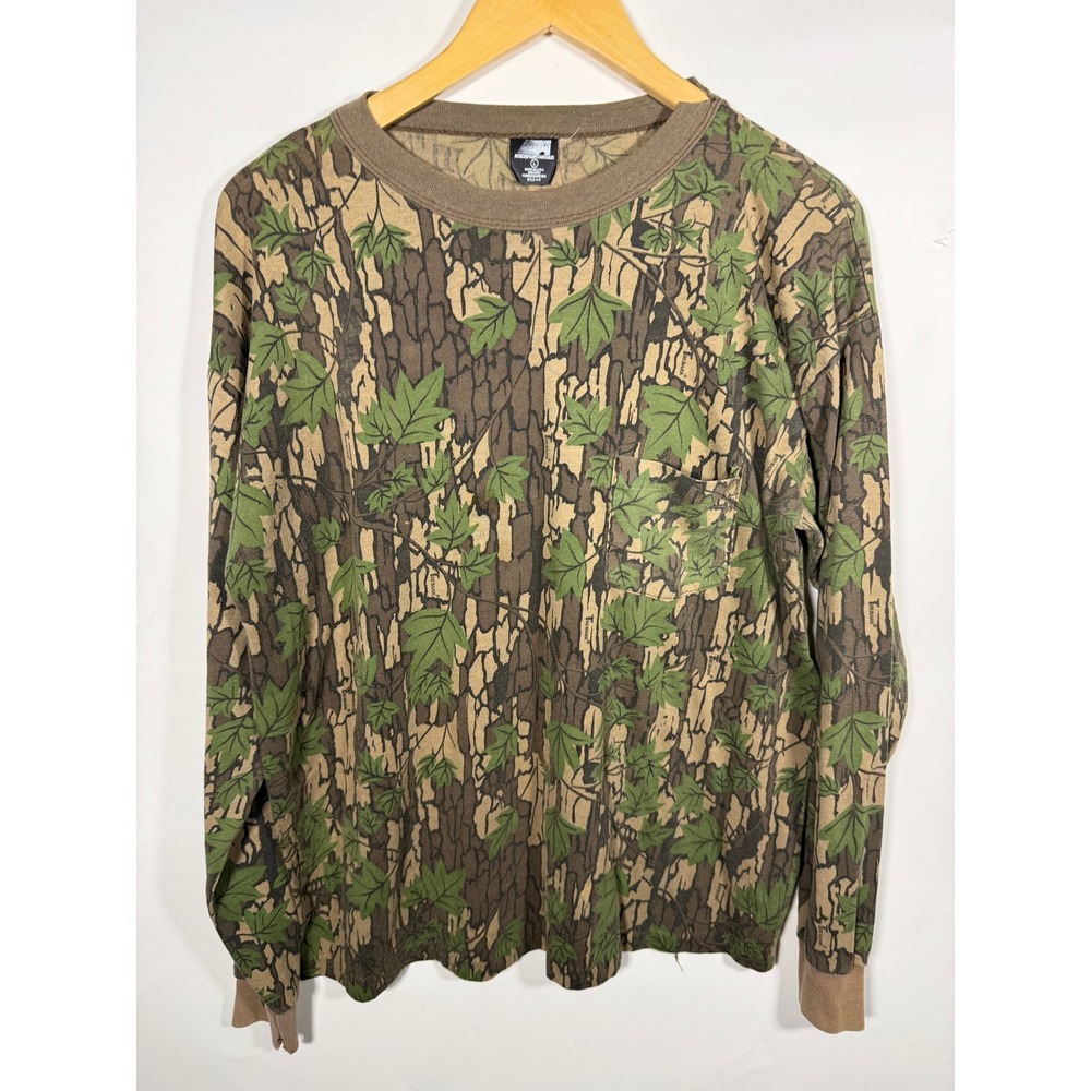 Vintage Mens Tru-Bark Camo Long Sleeve Pocket T-Shirt Green Brown Large